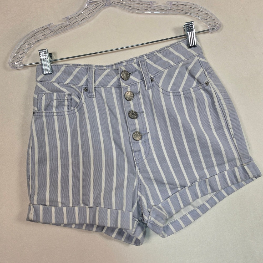 BDG Super High Rise Foxy Shorts Women's 24 Blue White Striped Button Fly Cuffed - Picture 12 of 15